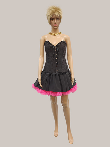 Image shows a mannequin dressed as the musician, Pink. Blond spikey wig, black corset and skirt with hot pink petticoat.