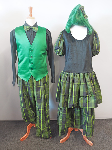 Image shows two green toned costumes suitable for the inhabitants of The Emerald City from The Wizard of Oz