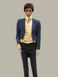 Mannequin pictured is wearing a men's navy and gold regency costume. This costume would be great for Bridgeton or Jane Austen Pride and Prejudice events