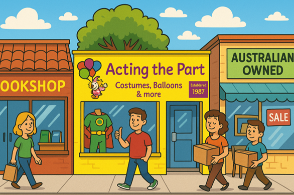 Image is an AI produced cartoon version of Australian shopfronts, created for an artical about supporting Australian businesses