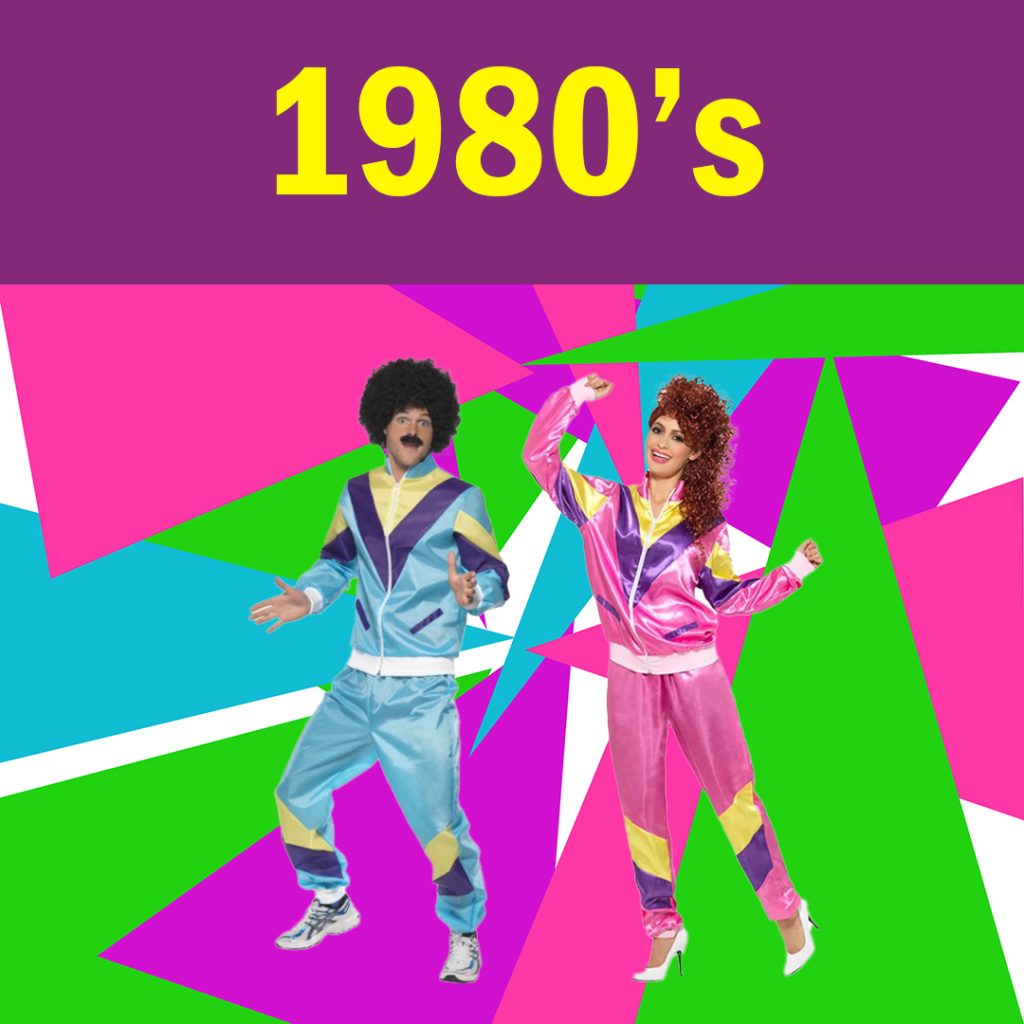 Image shows 1980's costumes to buy. 1980's men's & women's tracksuits from Acting the Part in Carlingford, Sydney.