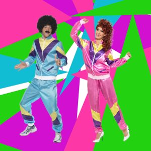 Image shows 1980's costumes to buy. 1980's men's & women's tracksuits from Acting the Part in Carlingford, Sydney.