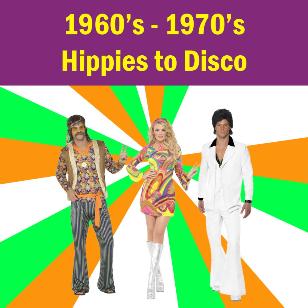 Image shows a selection of 60's and 70's costumes to buy