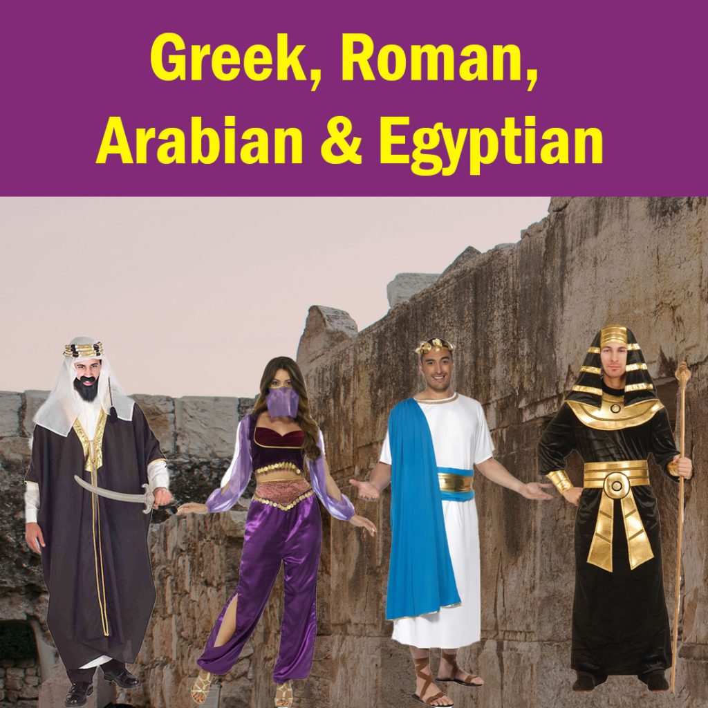 Image shows a selection of Greek, Roman, Egyptian & Arabian costumes from a Sydney party shop.