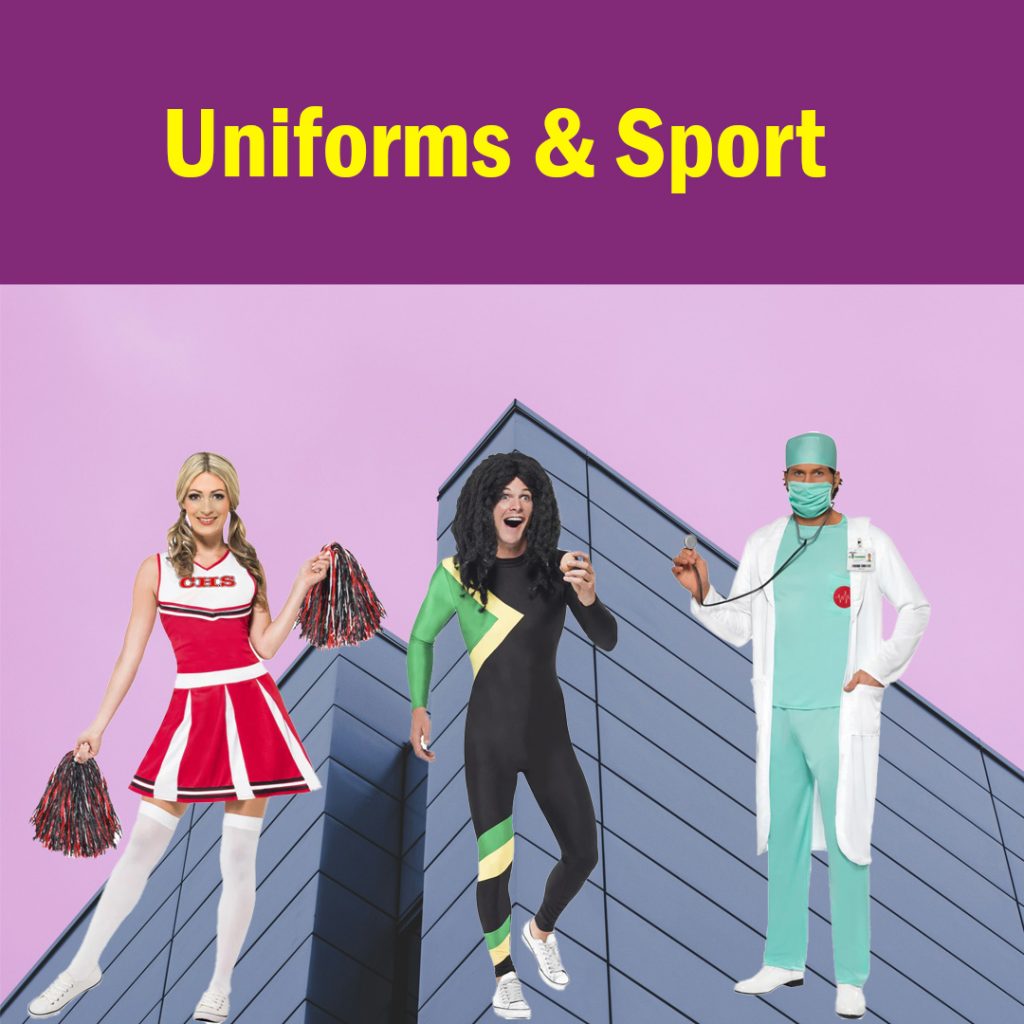 Image shows a selection of dress up costumes for a uniform or sport them party