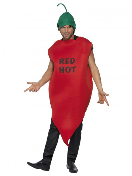 Image is of a man wearing a Chilli pepper costume, buy from Acting the Part in Carlingford, Sydney