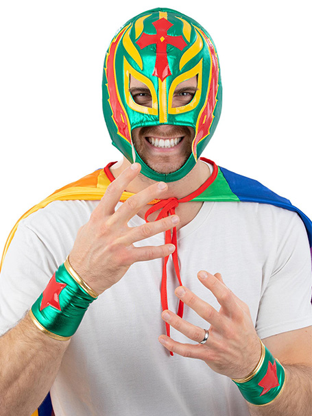 Image shows a Nacho Libre style Mexican wrestler set, including mask & cuffs. Available from Acting the Part, a party shop in Sydney