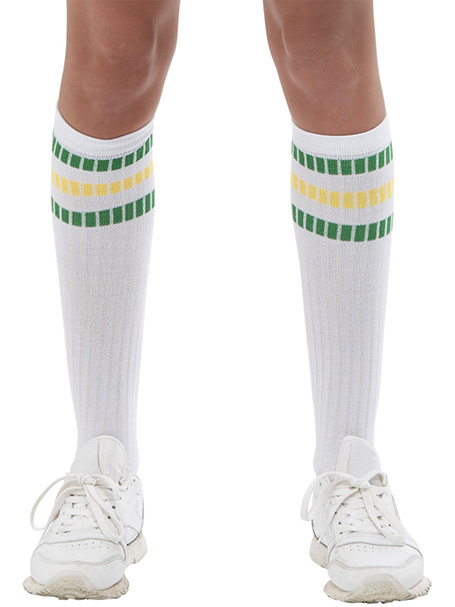 Image shows 1980's style sport socks. Old school tennis player white socks with green & yellow stripes.