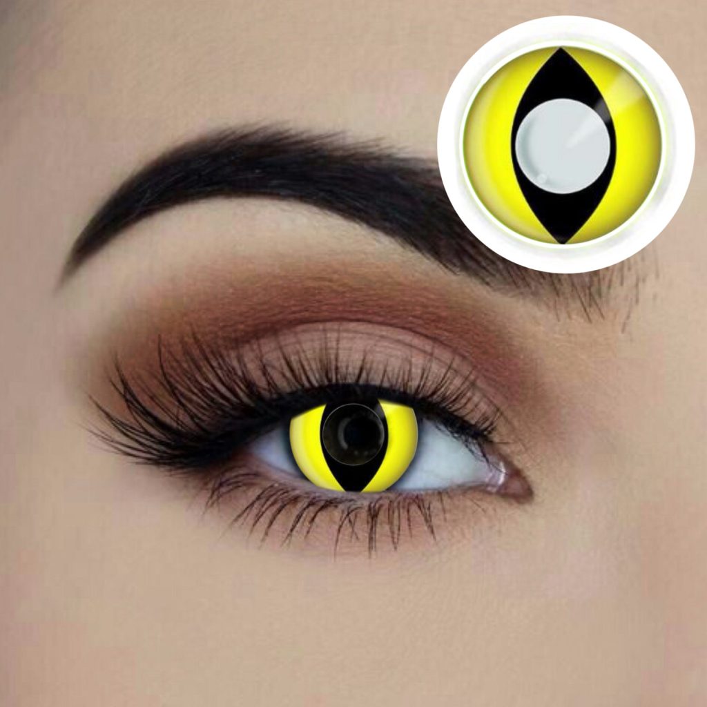 Yellow cat eye contact lenses available to buy in Carlingford, Sydney at Acting the Part Costume shop