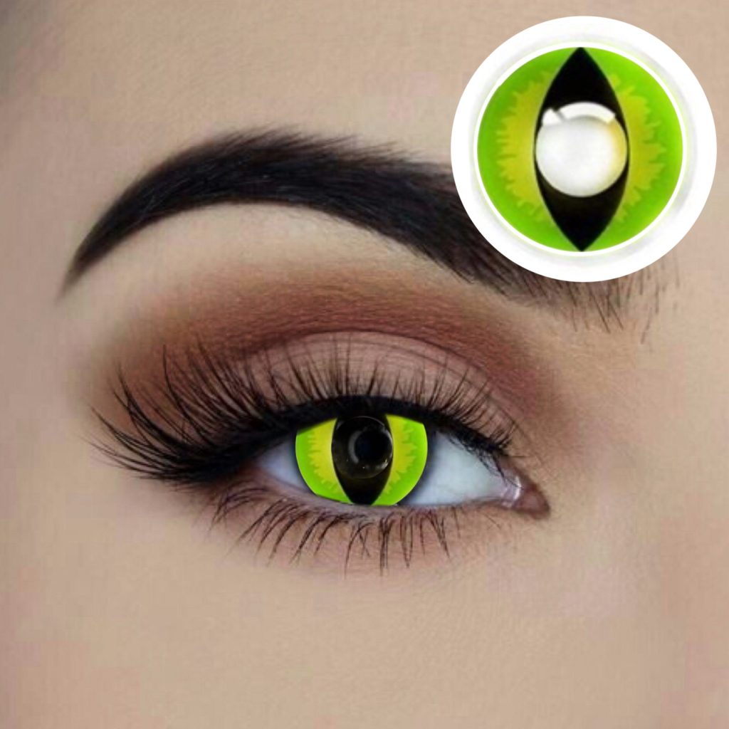 Green cat eye contact lenses available to buy in Carlingford, Sydney at Acting the Part Costume shop