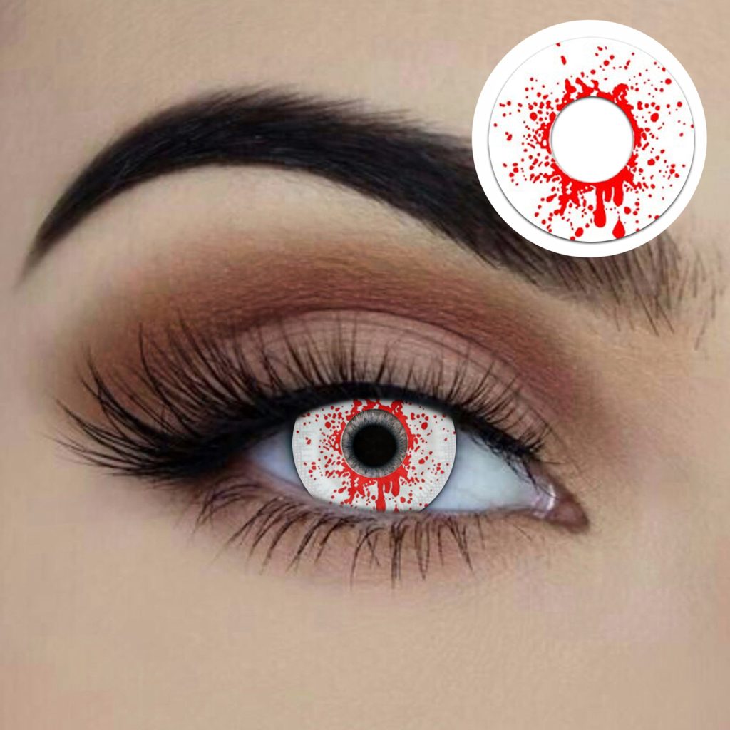 Blood splatter cosplay contact lenses available to buy in Carlingford, Sydney at Acting the Part Costume shop