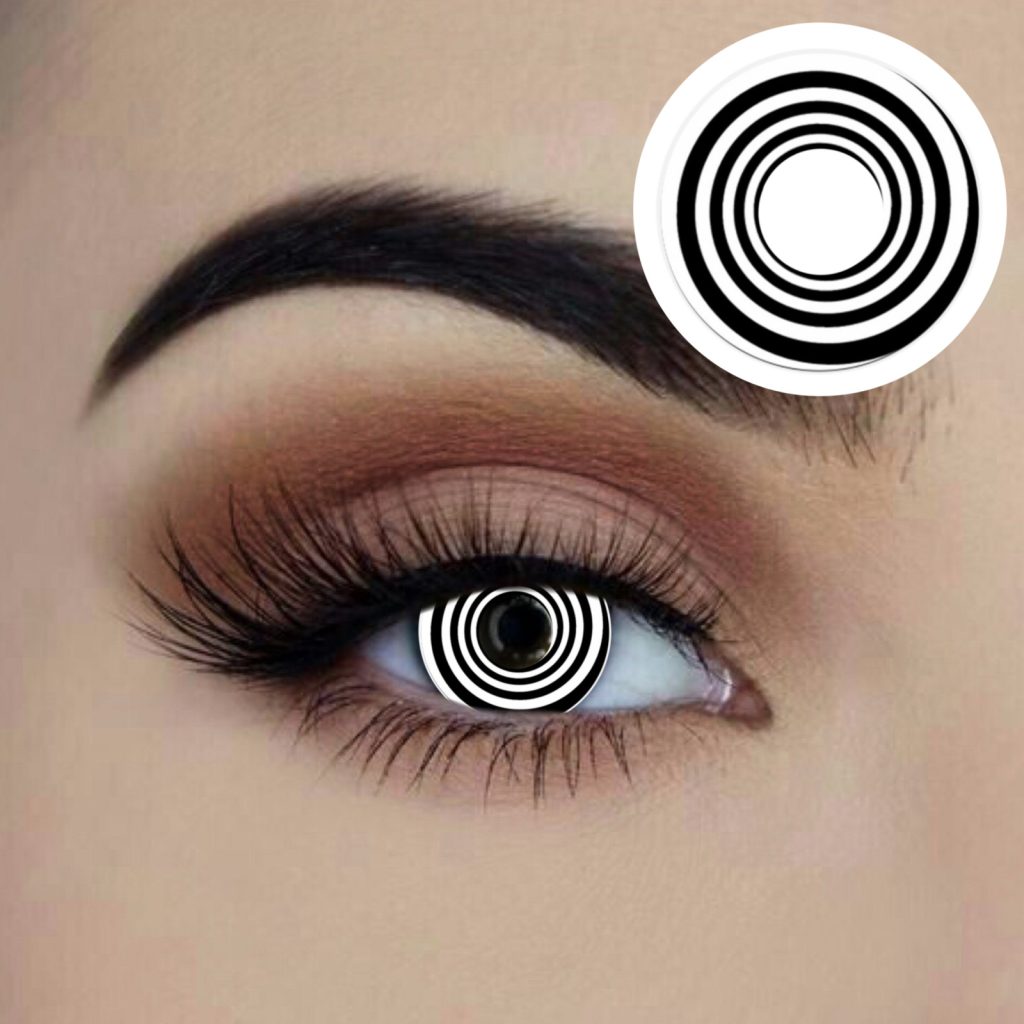 Spiral Black & white cosplay contact lenses available to buy in Carlingford, Sydney at Acting the Part Costume shop