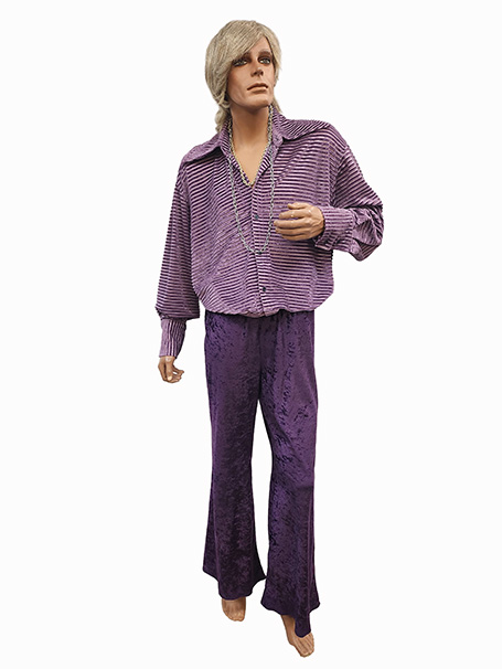 Image shows a purple 1970s retro outfit for a male. Available for hire in Sydney, Australia. This would be great for a studio 54 party