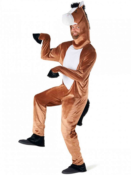 Image shows an adult dressed in a Horse dress up costume onesie
