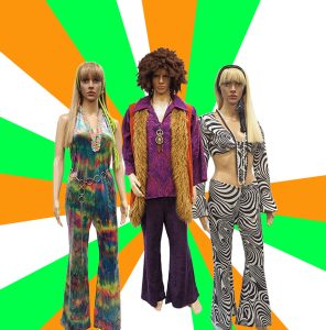 The image gives ideas on what to wear to a 70s party