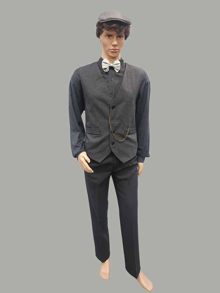 1920s men's costume, includes a tweed waistcoat and peaked cap. Available  to hire in Sydney.