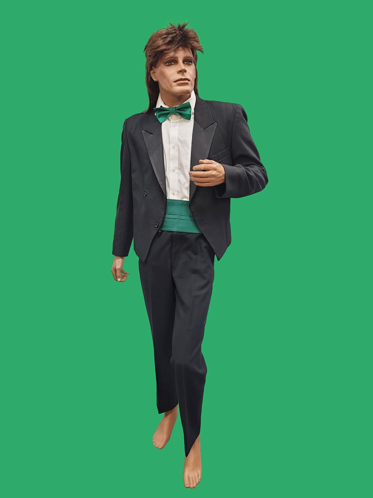 1980s costume, men's prom style outfit with green accessories.