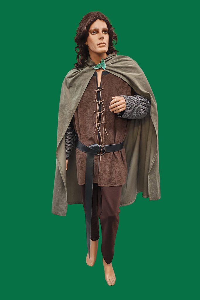 Aragorn inspired costume from Acting the Part in Sydney includes a green cloak, brown lace up tunic and chain mail type sleeves.