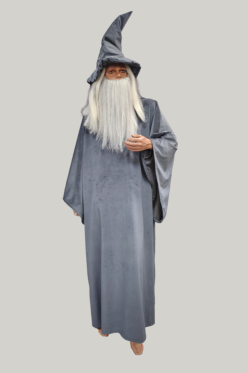 Image shows a Wizard costume similar to Gandalf the Grey from Lord of the Rings. Costume from Acting the Part in Carlingford, Sydney, Australia.