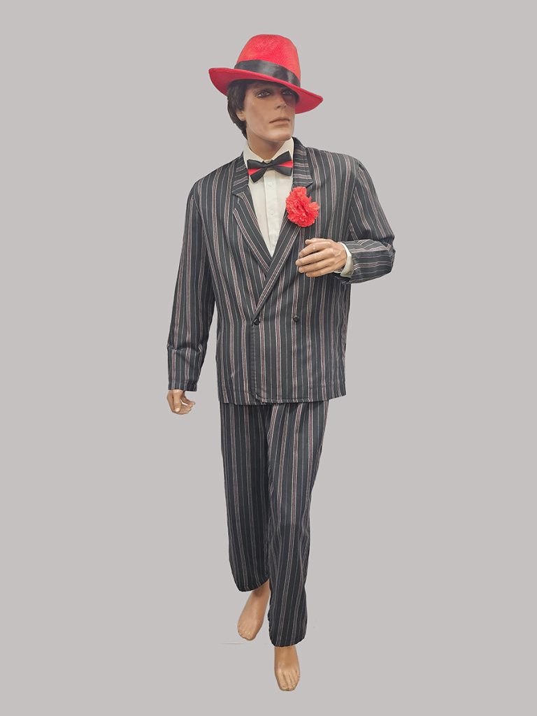 Men's pinstripe 1920s suit with red accessories. Hire from Acting the Part, a Sydney costume store,