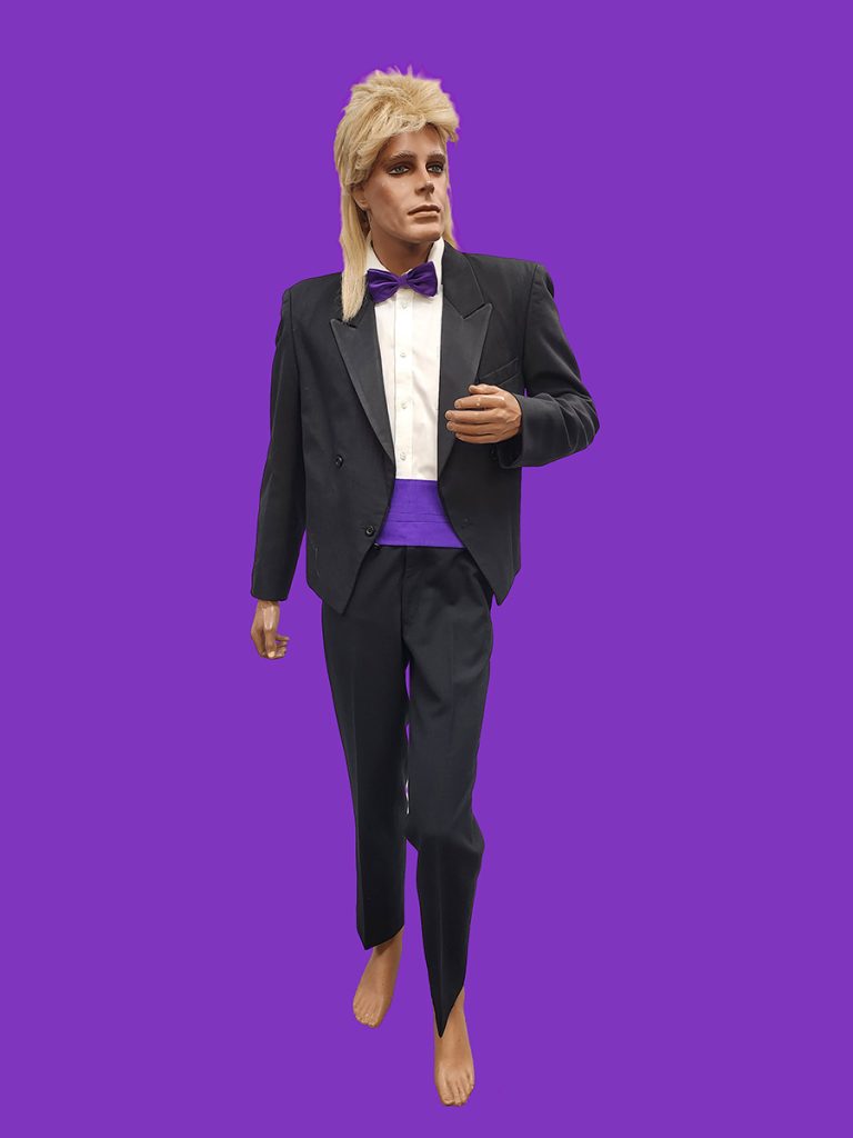 men's 80s formal outfit with purple cummerbund & bowtie