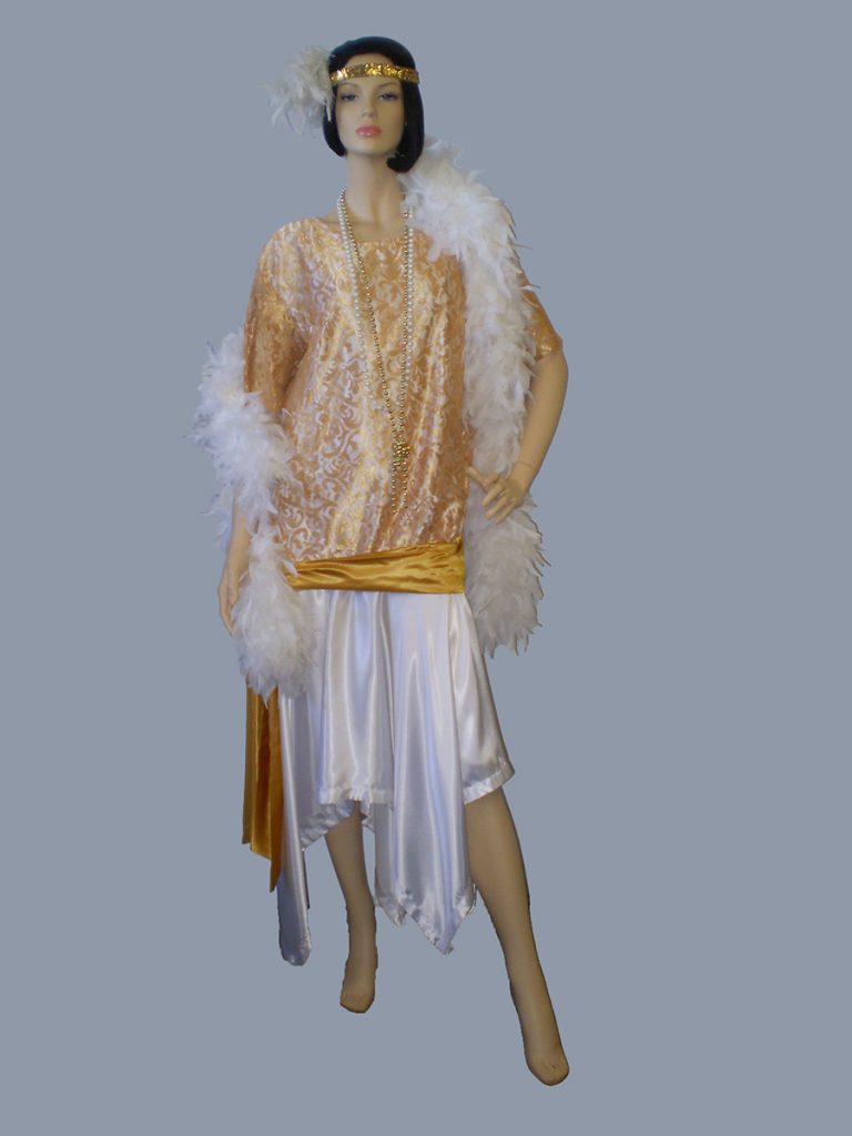 Plus size white and gold 1920's/30's dress with white feather boa, headband and beads