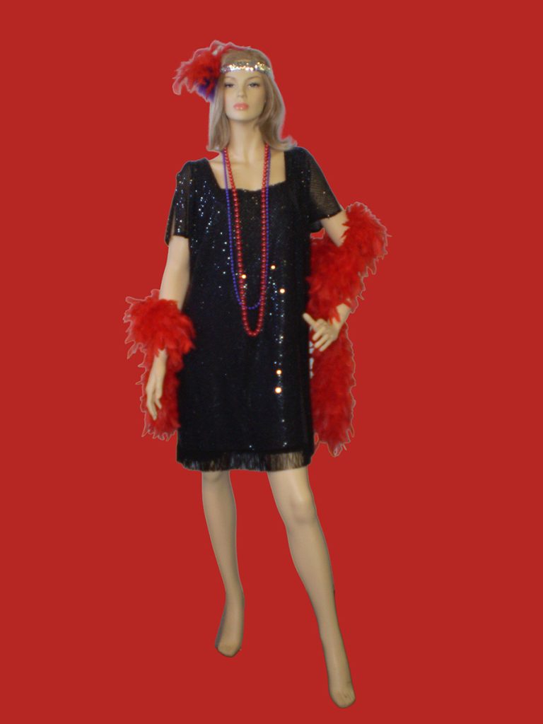 Plus size 1920's black sequin dress with red feather boa