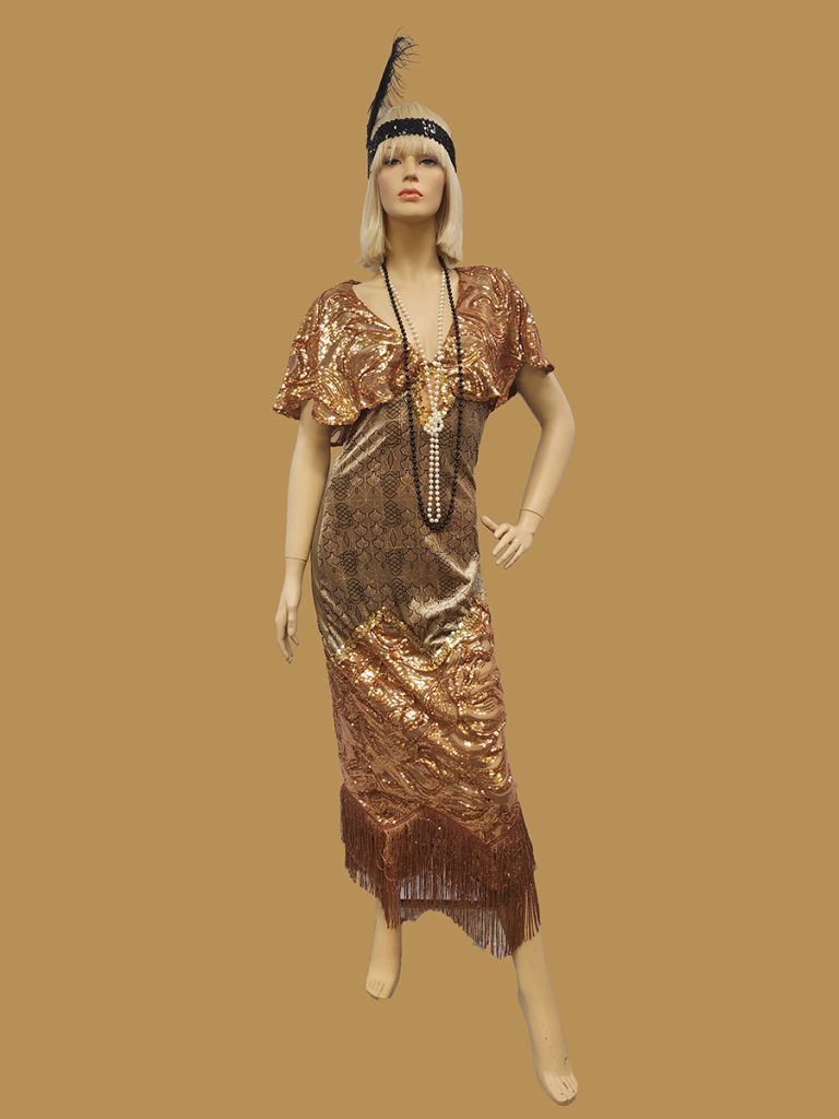 Image is of a gold 1920s dress available for hire in Sydney.