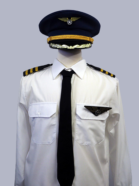 Image shows a Pilot style uniform, including a shirt, hat, tie, epaulets & badge 