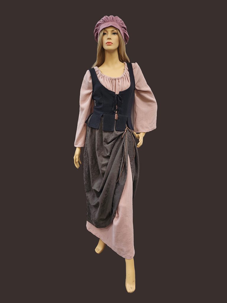 Medieval peasant outfit for a female, includes dusty pink dress, brown overskirt  & a lace up corset style top.