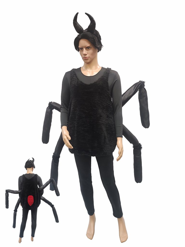 Image shows a mannequin wearing a spider costume, available to hire from Acting the Part in Carlingford Sydney