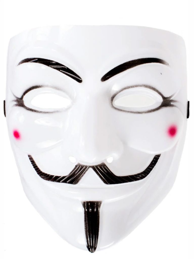 Image shows a white mask similar to the anonymous or V for vendetta character