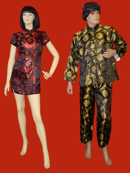 Men's black & gold Chinese outfit & ladies red & black cheongsam dress