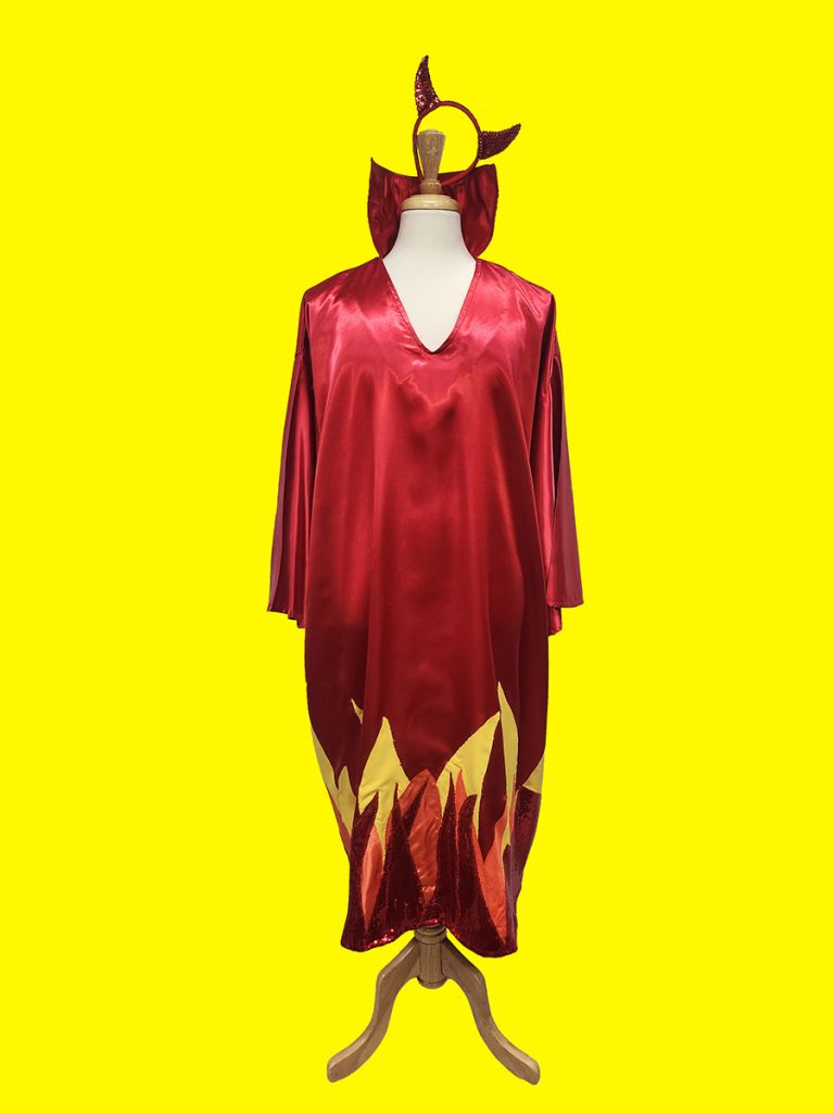 Image is of a Devil outfit, it is caftan style with flames around the hem