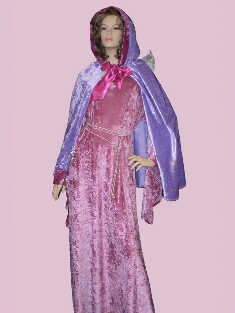 Image shows a Fairy Godmother style costume in pink & lavender. Fits up to plus sizes.