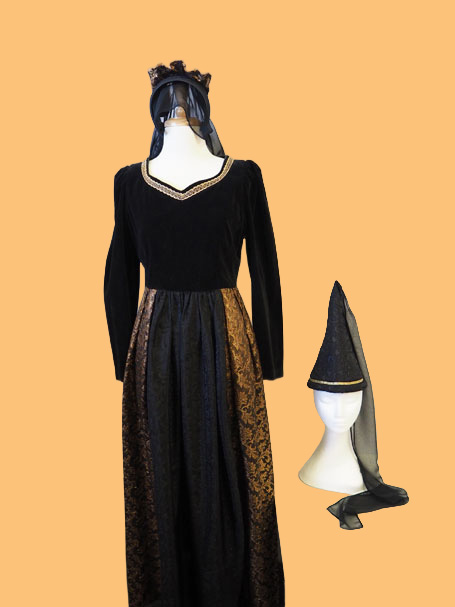Black & gold medieval dress with steeple hat