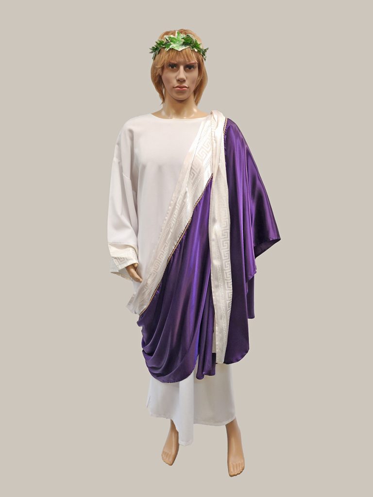 Image is of a Roman or Greek style costume on a mannequin, it is white with a purple drape