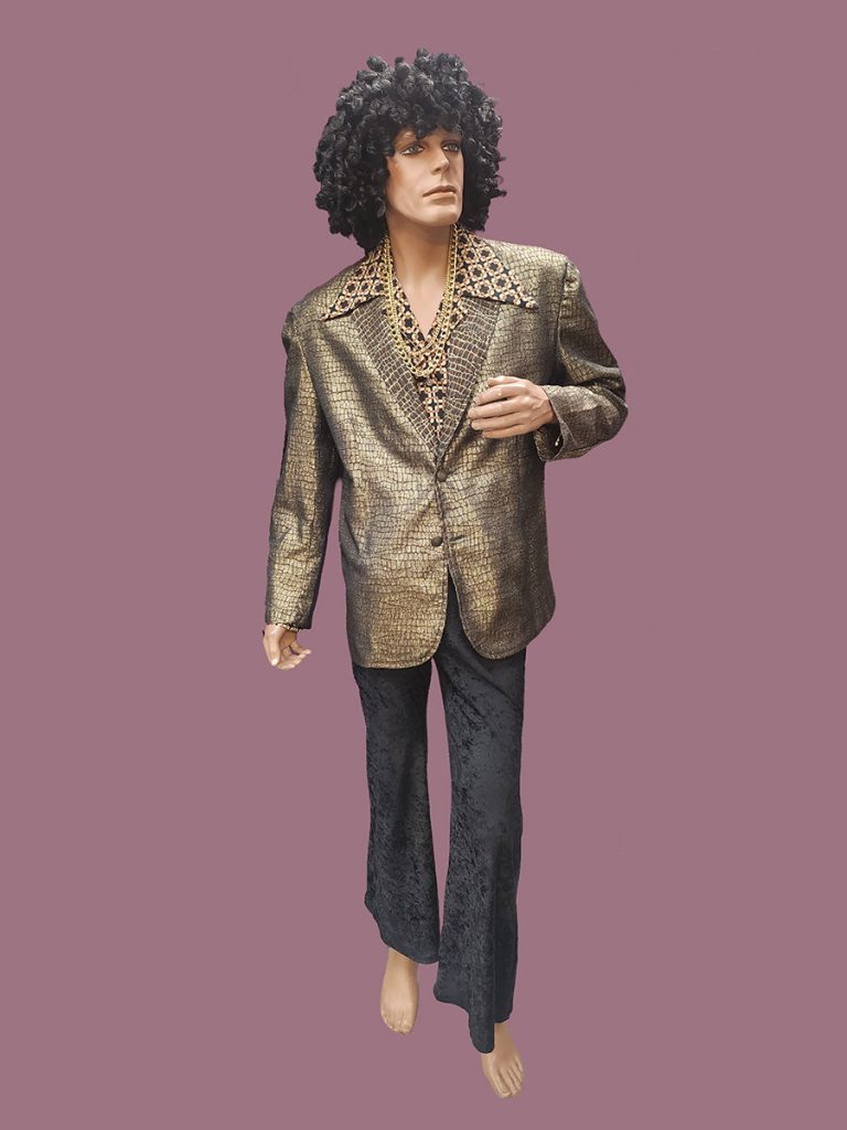 70s men's disco outfit includes a gold jacket, wide collar shirt, flares and an afro. Exclusive to our store.