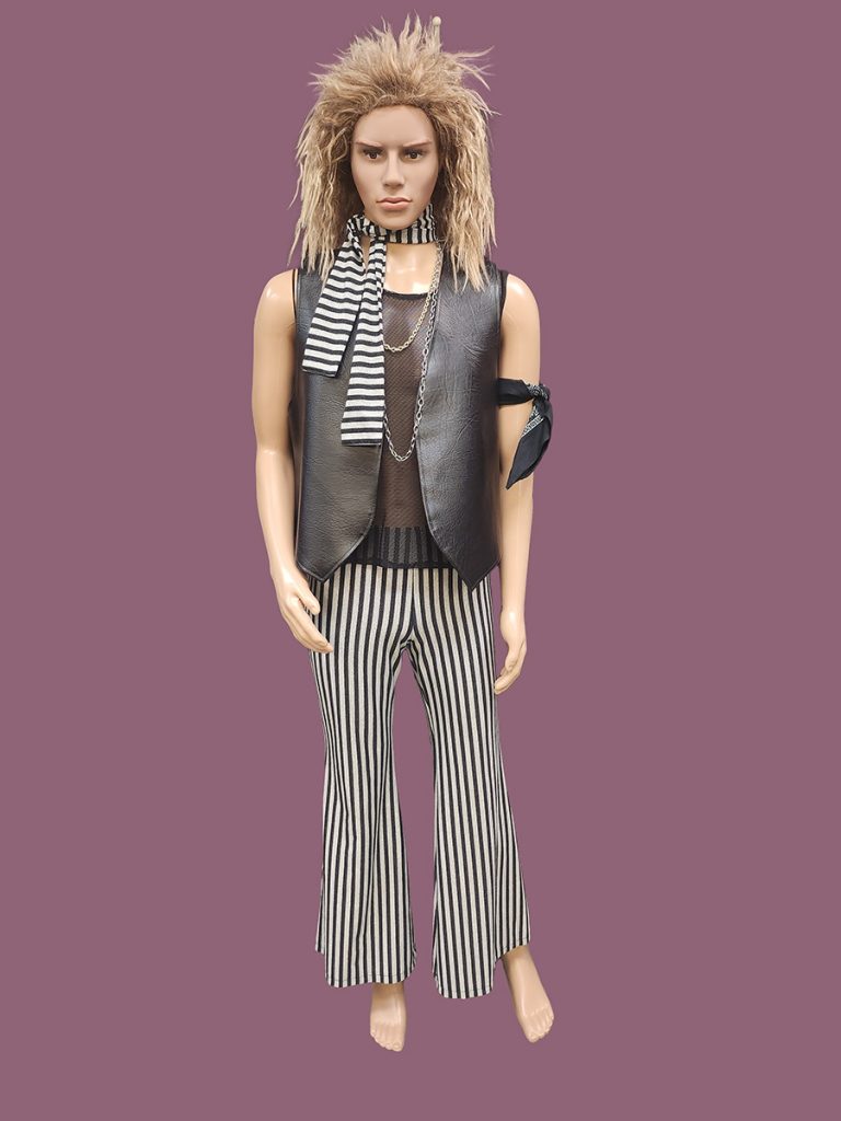 Men's Glam Rock outfit includes stripe flares, mesh top, blond crimped wig & leather look vest. Available to hire in Sydney