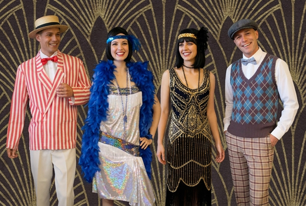 Image is of a group of four people dressed in 1920s or Gatsby style clothing