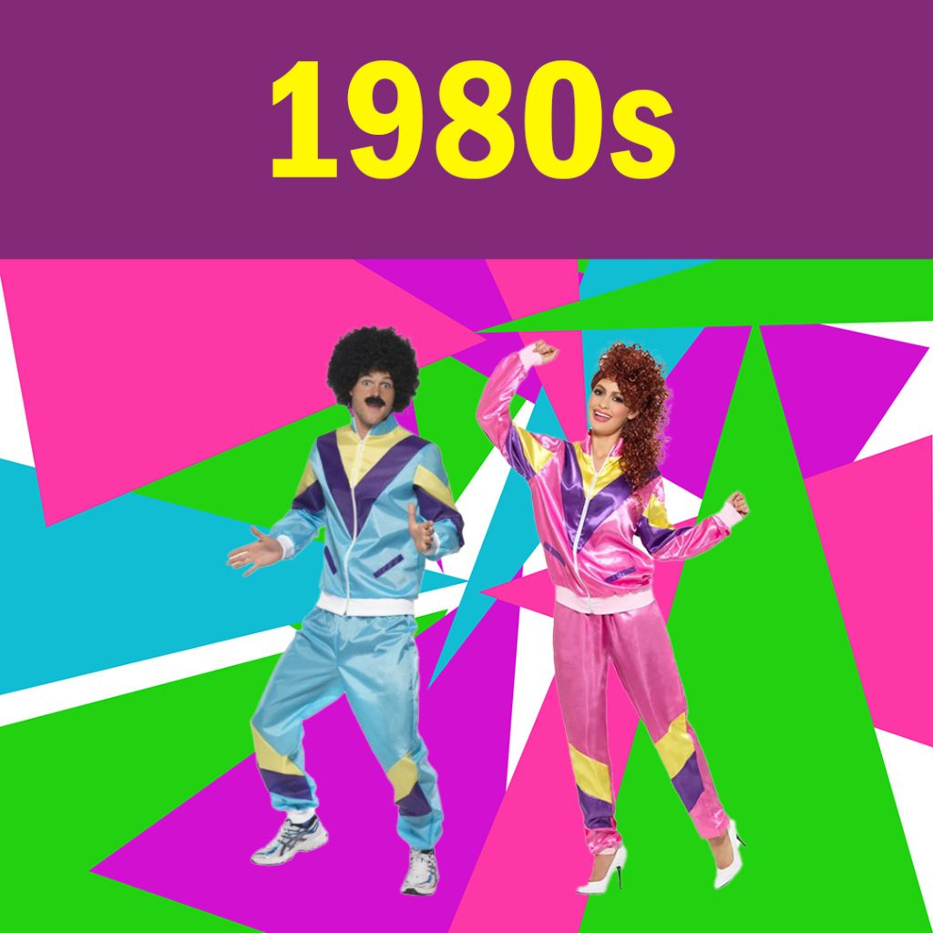 Image shows a selection of 1980s costumes to buy from Acting the Part