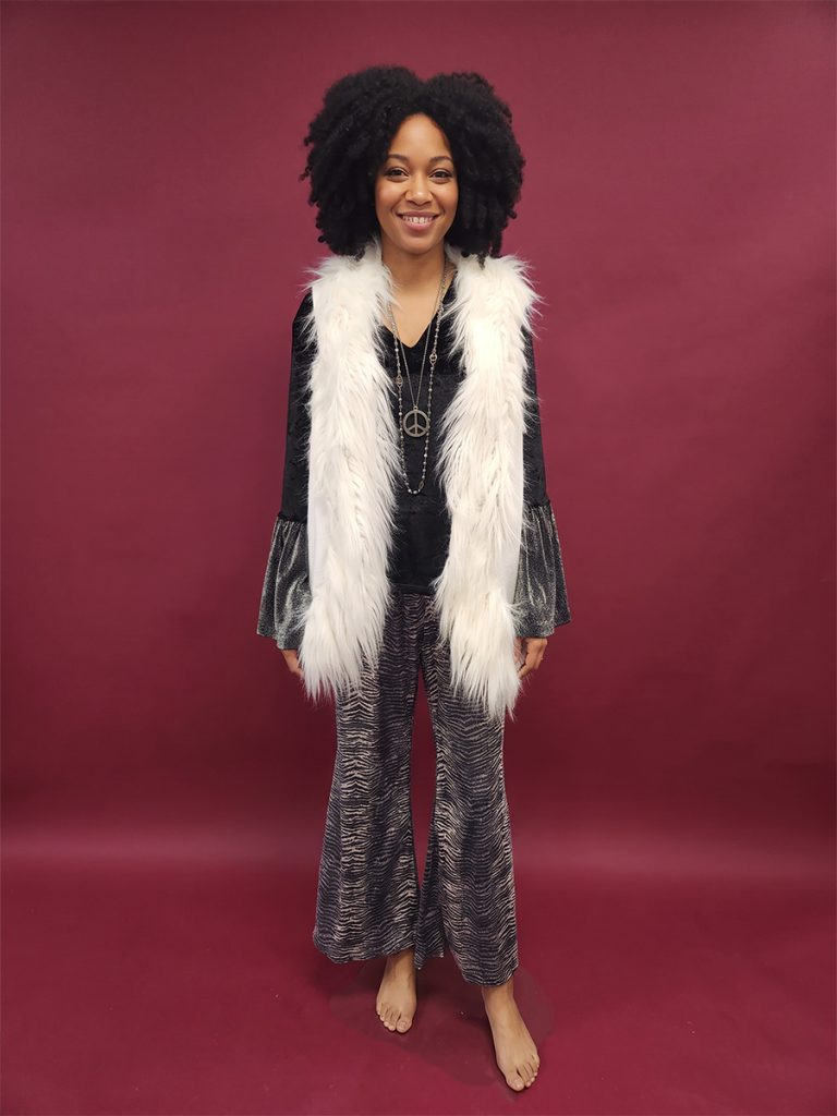 Ladies 70s flares & fur trim vest in black and white 