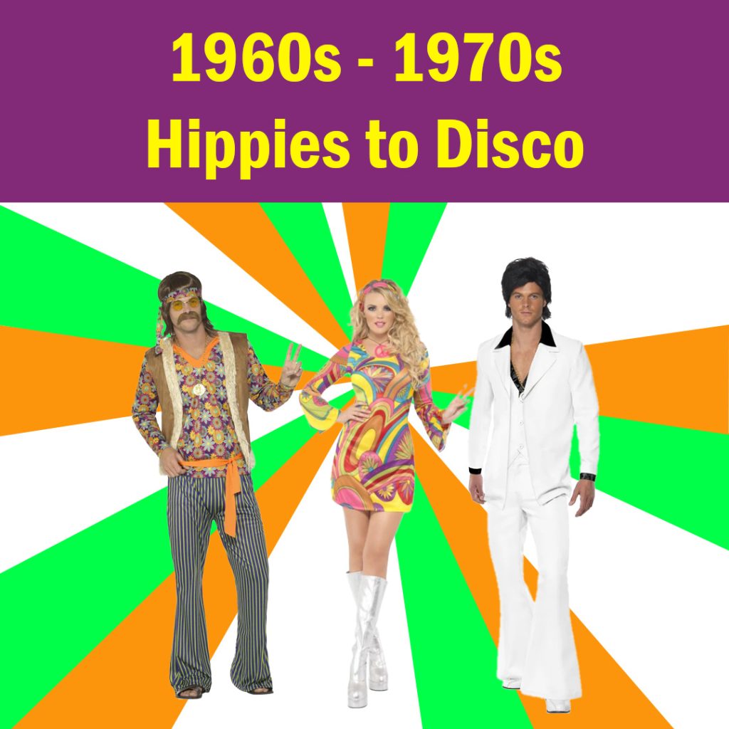 Image shows a selection of 1960s and 1970s costumes available to buy from Acting the Part