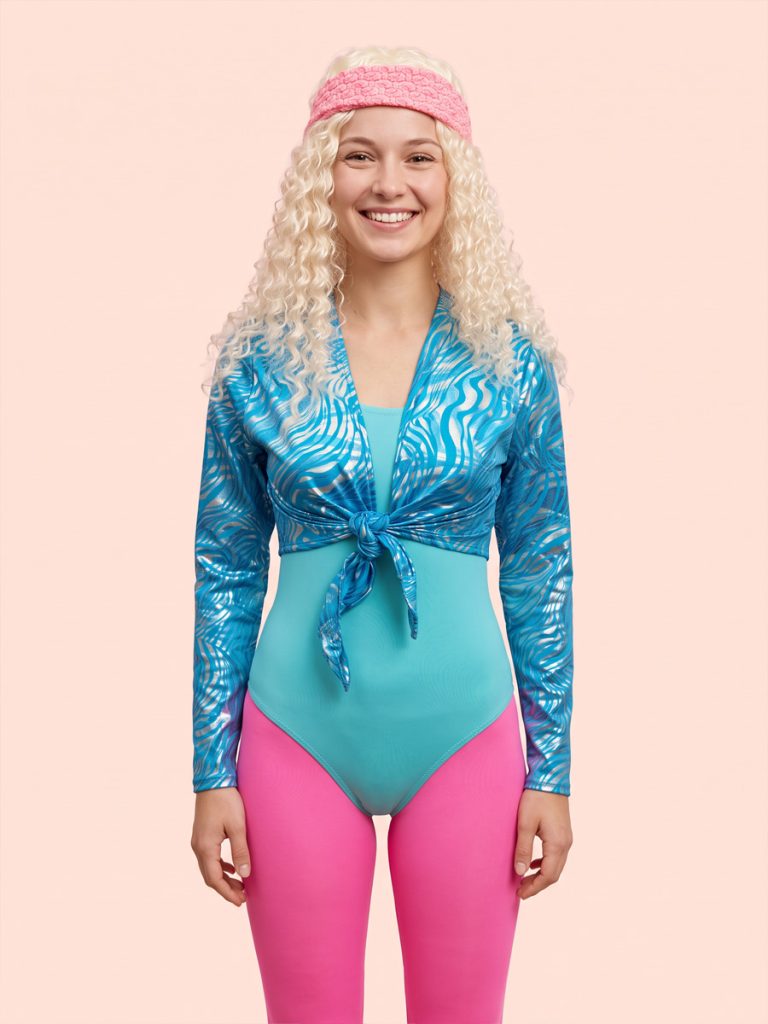 image is a 1980s workout aerobics style outfit with pink tights, aqua leotard and tie front crop top. model has blond crimped hair and a pink headbeand