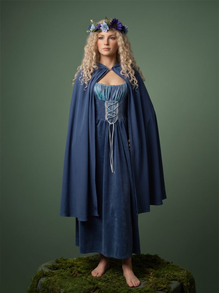 Image is of a blue female hobbit style costume with cape and floral headdress