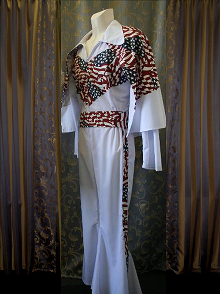 A white Human Cannonball outfit featuring American flag patterns and a stylish design with long sleeves