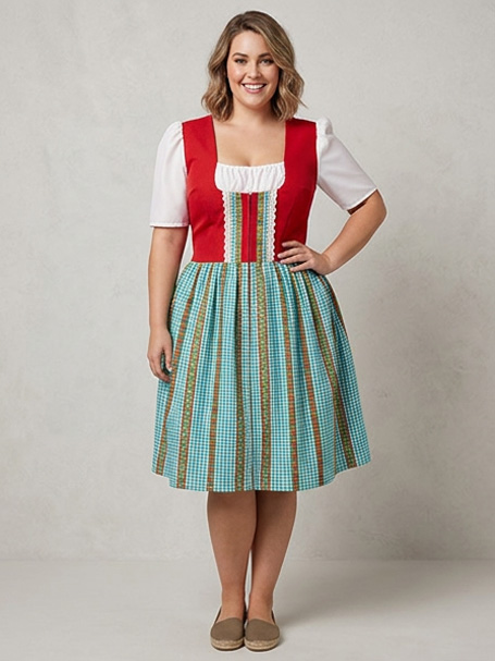 image shows a plus size model wearing a traditional dress with a red bodice and blue patterned skirt