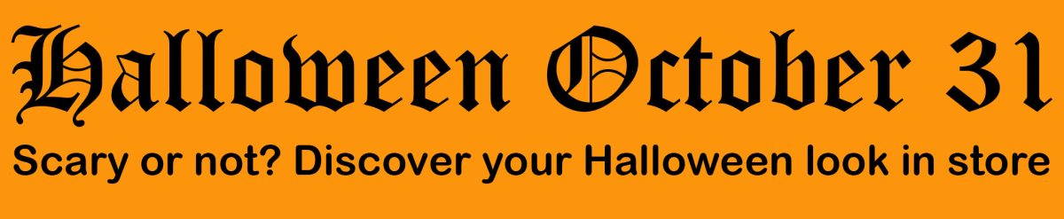 Image is a website banner for Halloween promoting finding costumes in store