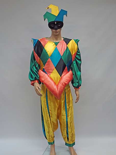 A mannequin wearing a colorful jester costume with a diamond pattern in bright colors, paired with a matching mask. Great festival style costume.