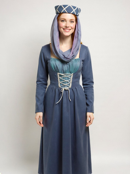 Image of a model wearing a dusty blue and slver medieval dress with matching headpiece
